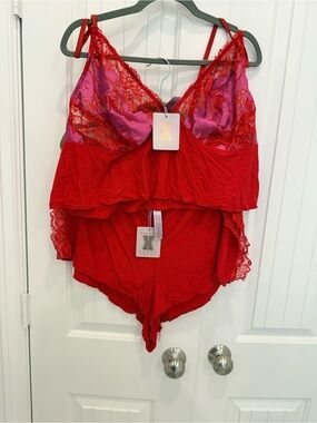 Savage X Fenty Red and Pink Lace-Trim PJs